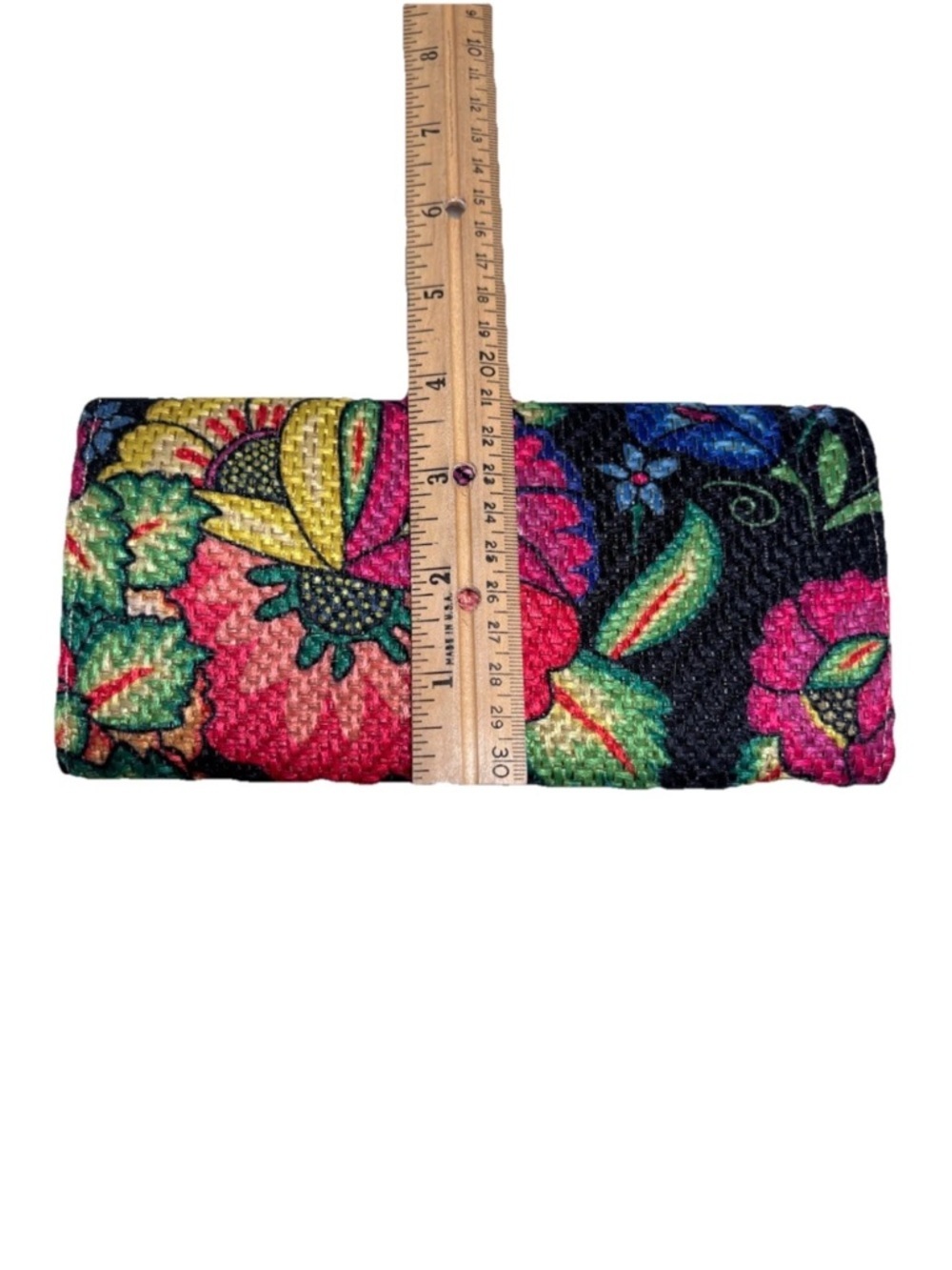 Embroidered Style Floral Clutch with Pink Pom-Pom Trim - Black - Picture 6 of 8